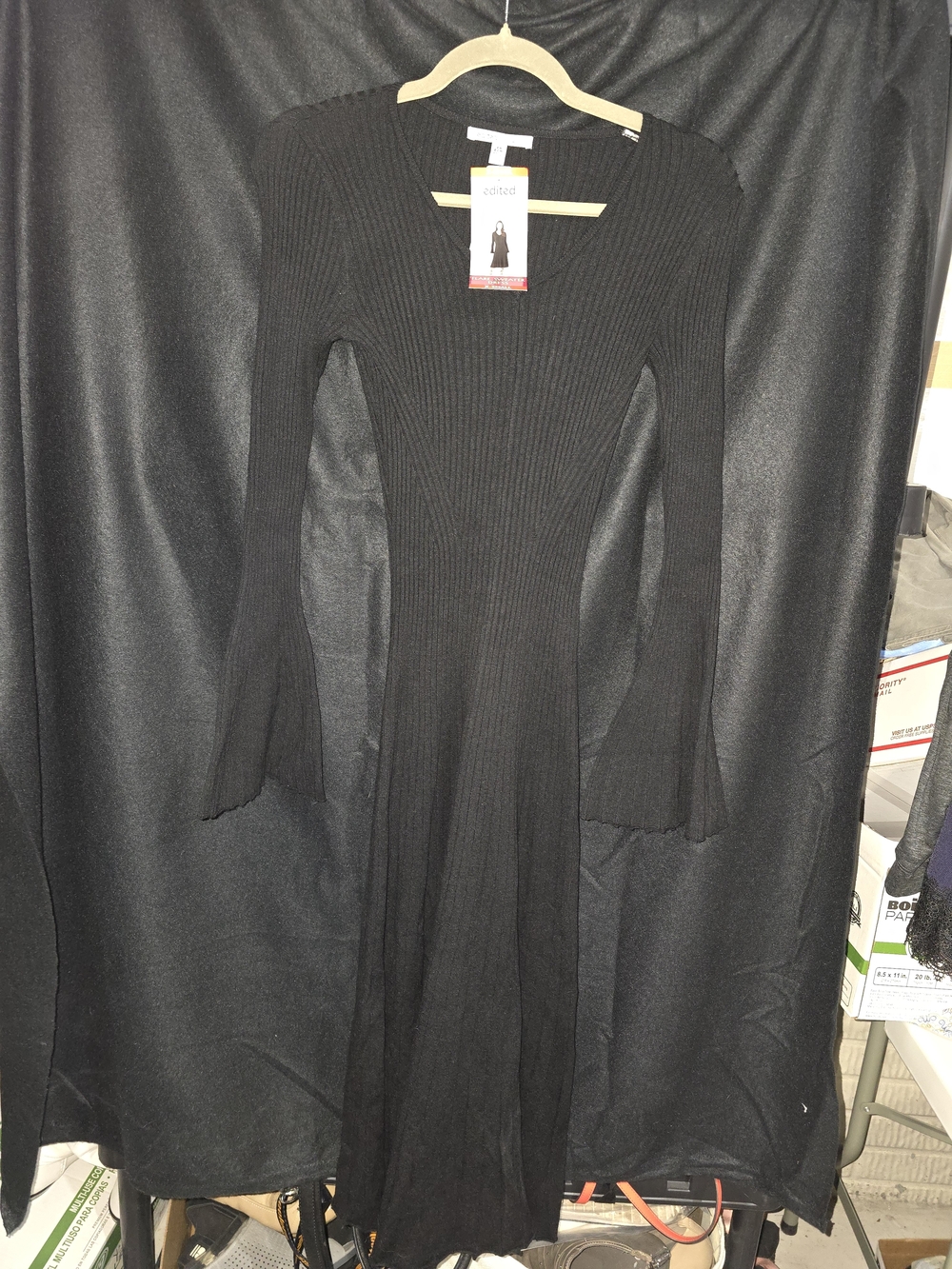 Stretch Ribbed Long-Sleeve Black Maxi Dress